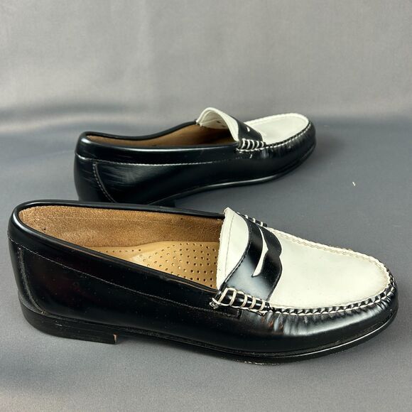 Bass Weejuns Leather Classic Black White Slip On Penny Loafers Size 8 - Picture 4 of 14